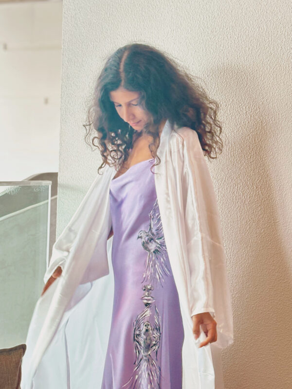 Hand-Painted Lavender Melody Silk Dress - Image 4
