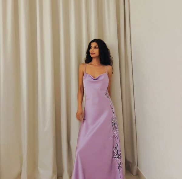 Hand-Painted Lavender Melody Silk Dress - Image 6