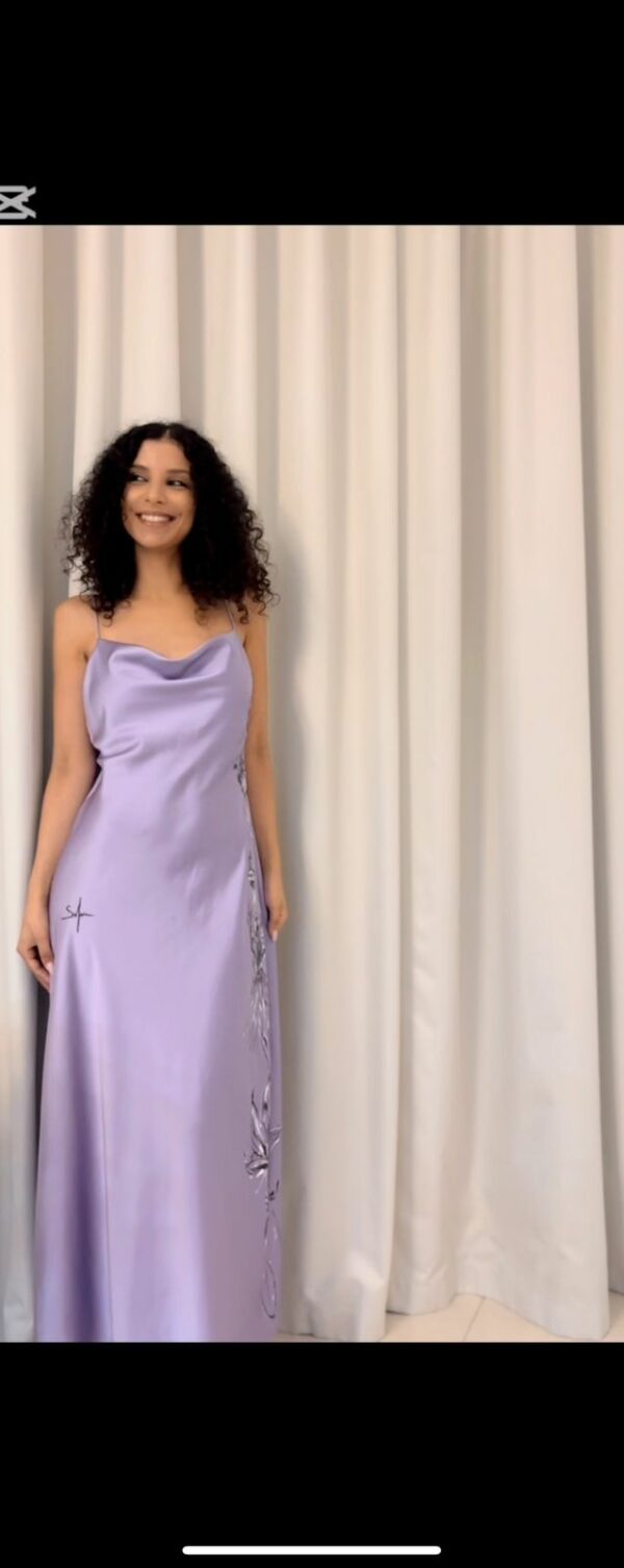 Hand-Painted Lavender Melody Silk Dress - Image 4
